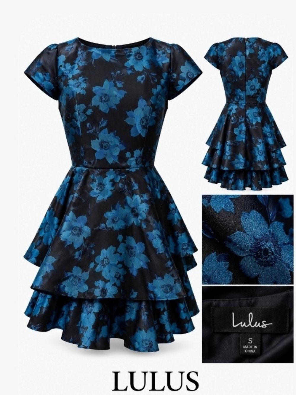 Lulus Tea Party Navy Blue Floral Jacquard Tiered Mini Dress - Size XS